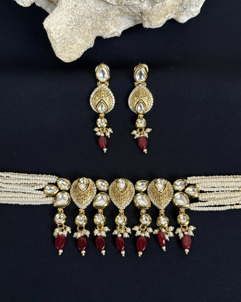 Anokhi Kundan Choker With Ruby Drop | White Moti Strings | Mint Work