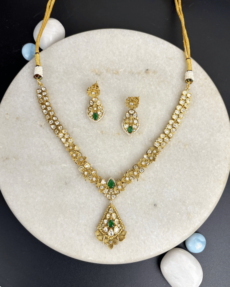 Noorbagh Emerald Moissanite Necklace | Screw Back | 18K Gold Plating