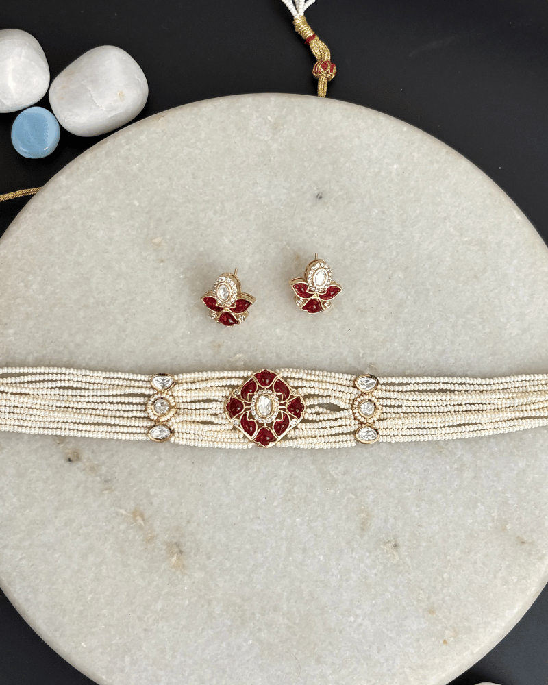 Gulika Ruby Polki Choker | White Moti Strings