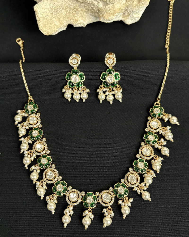 Noorbagh Emerald Polki Necklace | Moti Drops