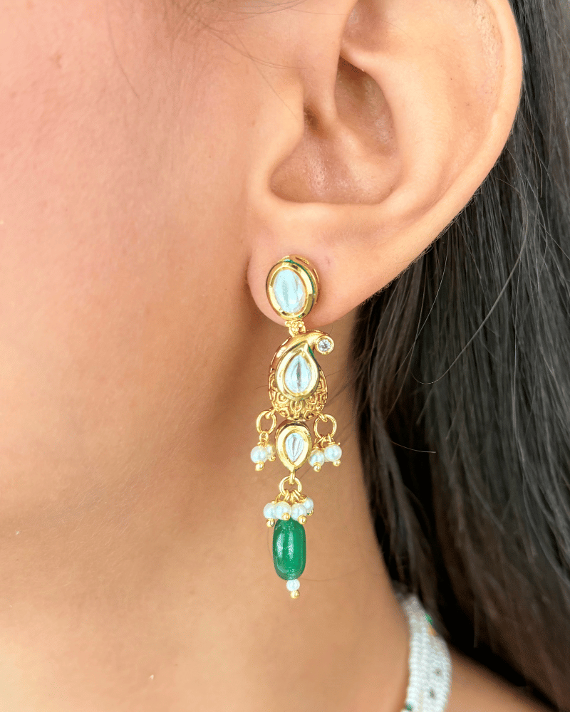 Rajvanshi Emerald Drop Kundan Choker | Mint Work | White Moti Strings
