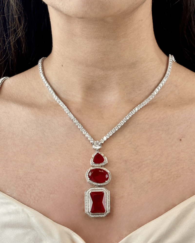 Trinity Royale Ruby Diamond Necklace | Rhodium Plating