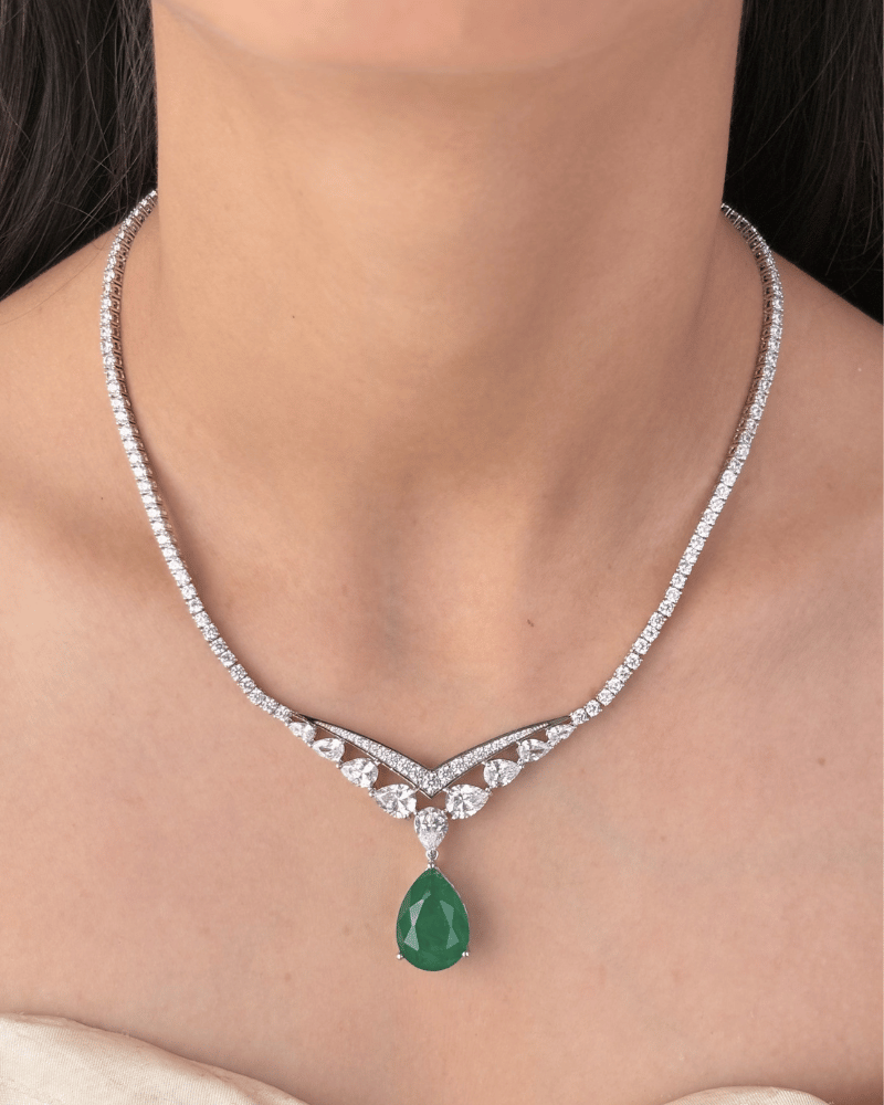 Veridian Grace Emerald Diamond Necklace | Rhodium Plating