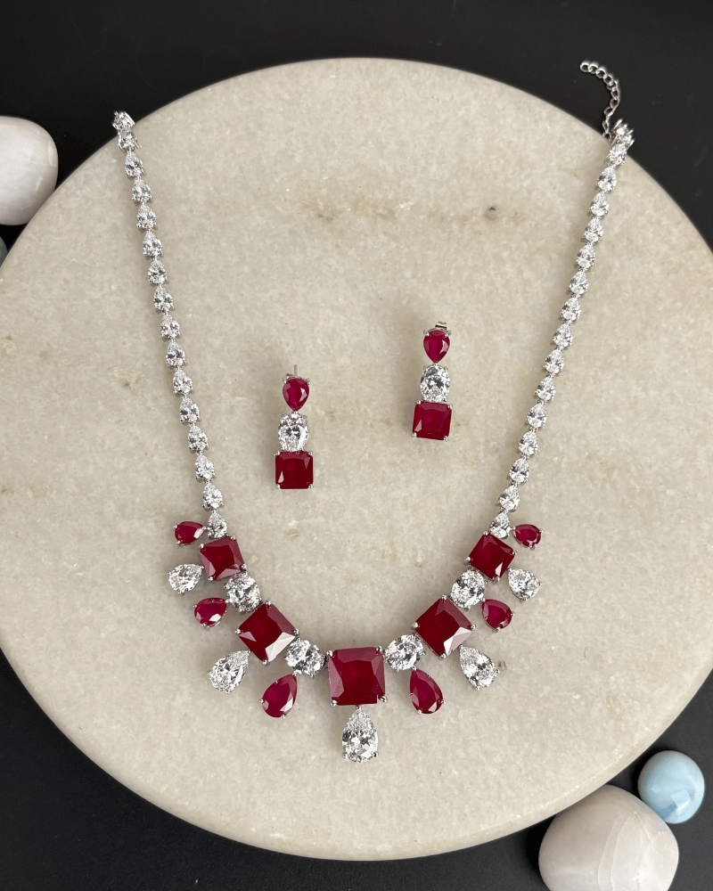 Celestia Ruby Drop Crystal Necklace | Rhodium Plating