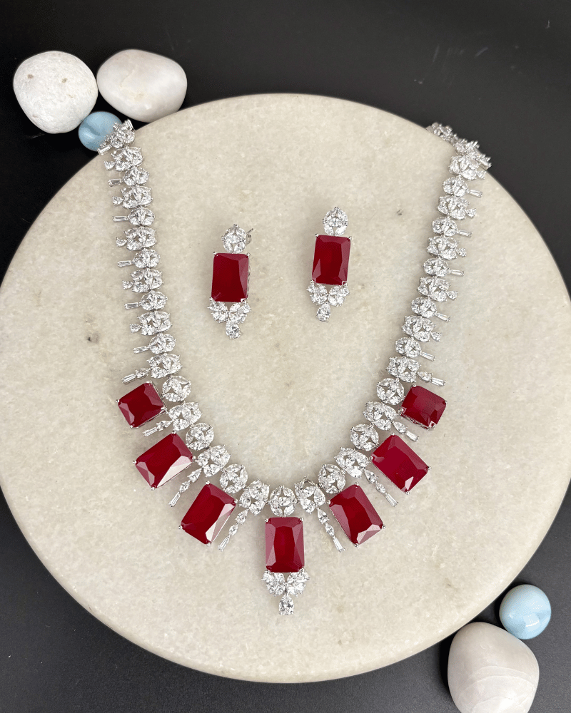 Crimson Ruby Drop Diamond Necklace | Rhodium Plating