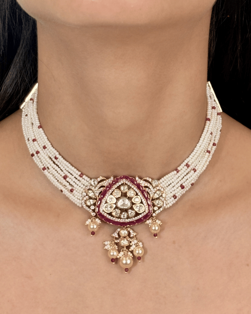 Moti Panna Ruby Moissanite Choker | Screw Back | 18K Gold Plating