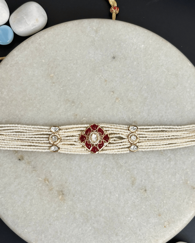 Gulika Ruby Polki Choker | White Moti Strings