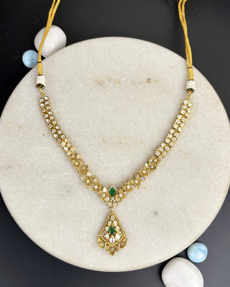 Noorbagh Emerald Moissanite Necklace | Screw Back | 18K Gold Plating