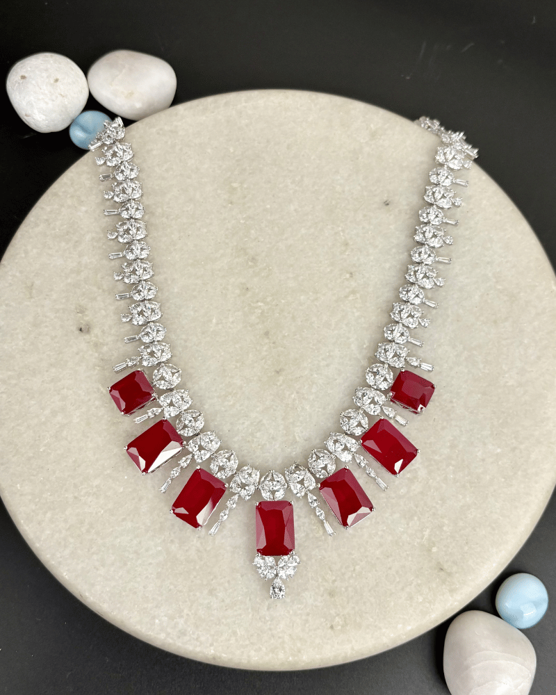 Crimson Ruby Drop Diamond Necklace | Rhodium Plating