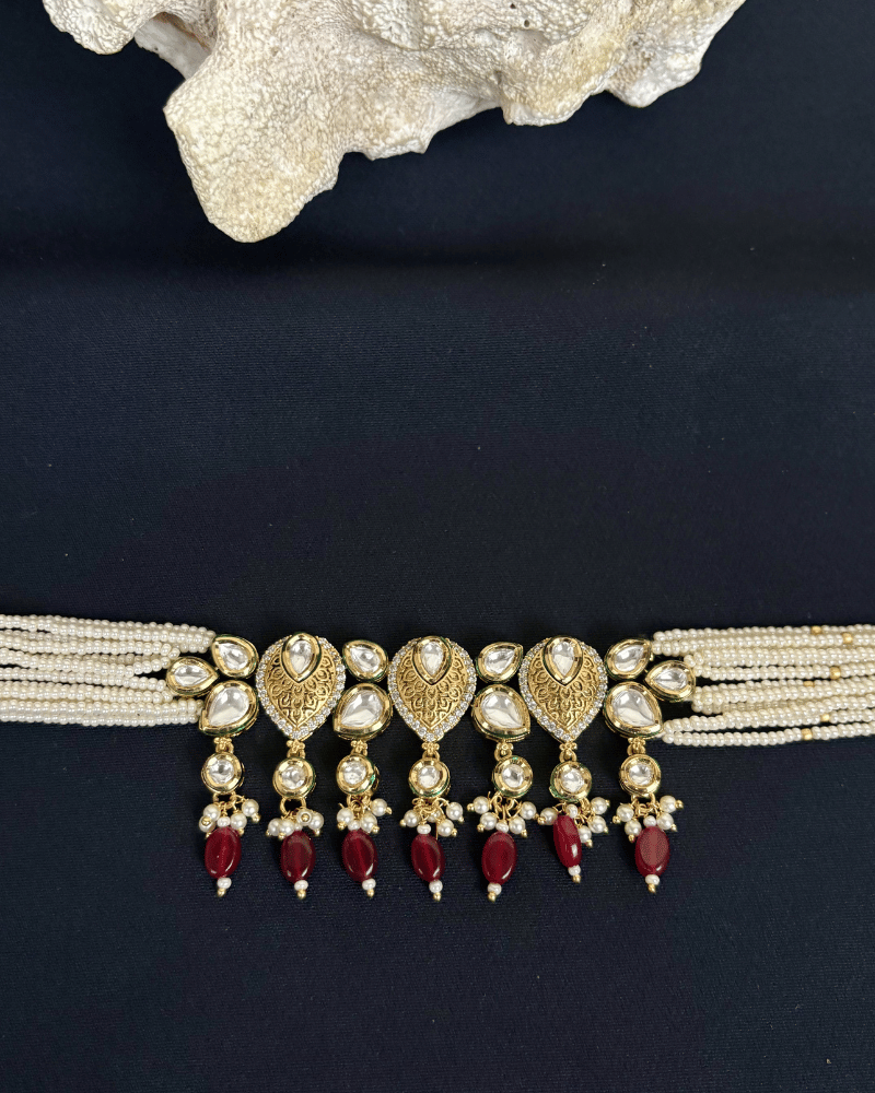 Anokhi Kundan Choker With Ruby Drop | White Moti Strings | Mint Work