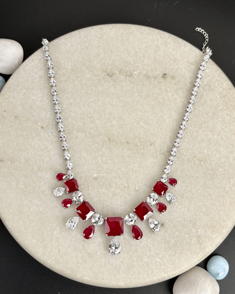 Celestia Ruby Drop Crystal Necklace | Rhodium Plating