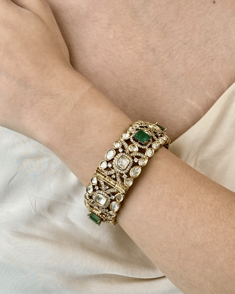 Dharya Victorian Polki Emerald Bangles | Single Piece | Openable