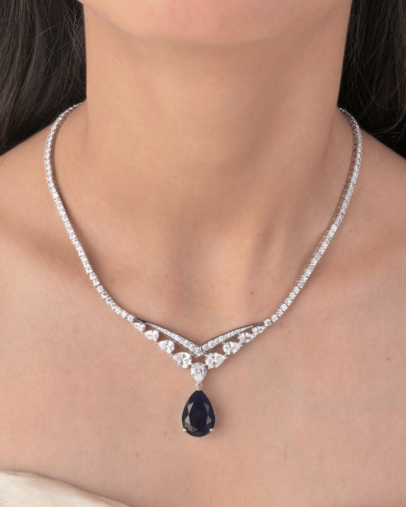 Veridian Grace Blue Diamond Necklace | Rhodium Plating
