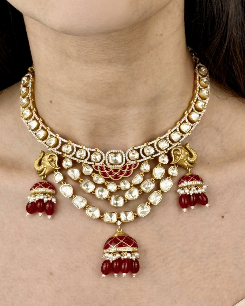Shahi Rajvanshi Ruby Moissanite Necklace | Screw Back | 18K Gold Plating