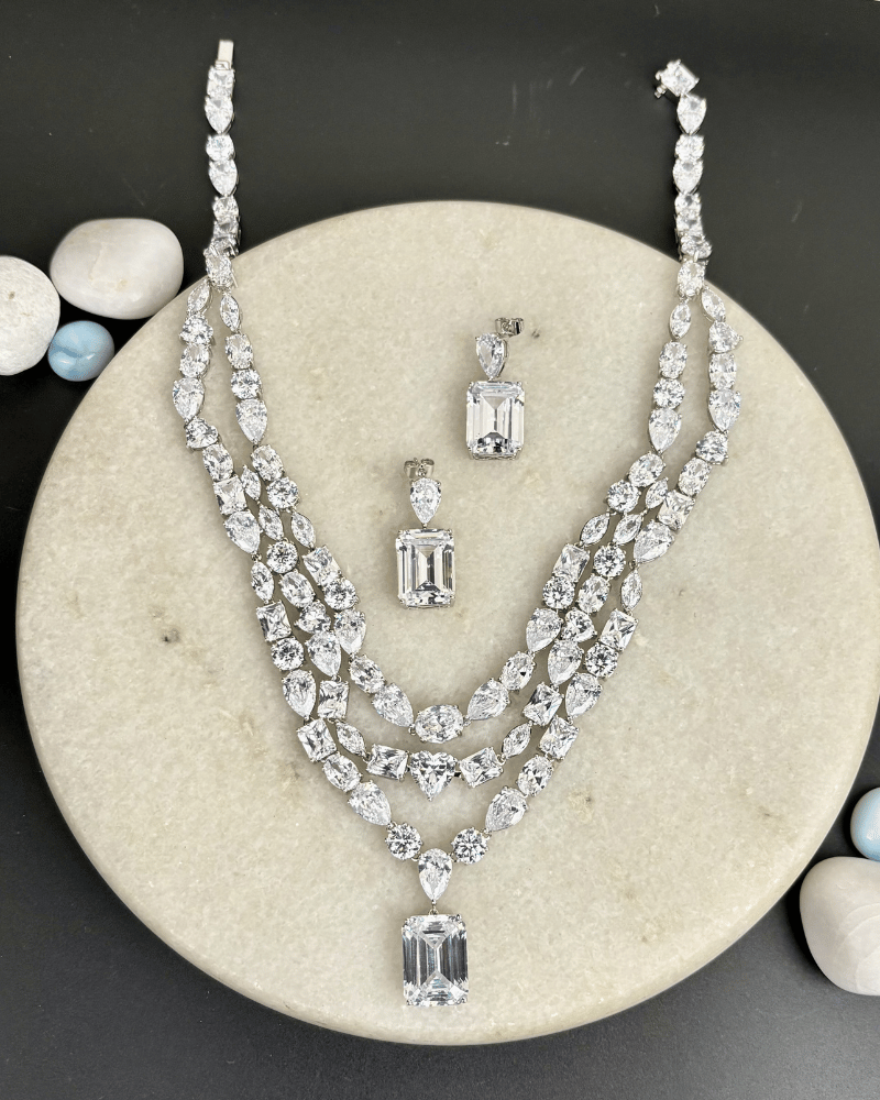 Elysia Triple Line Crystal Necklace | Rhodium Plating