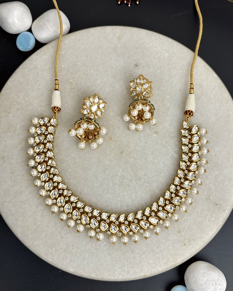 Leafline Kundan Necklace With Pearl Drops