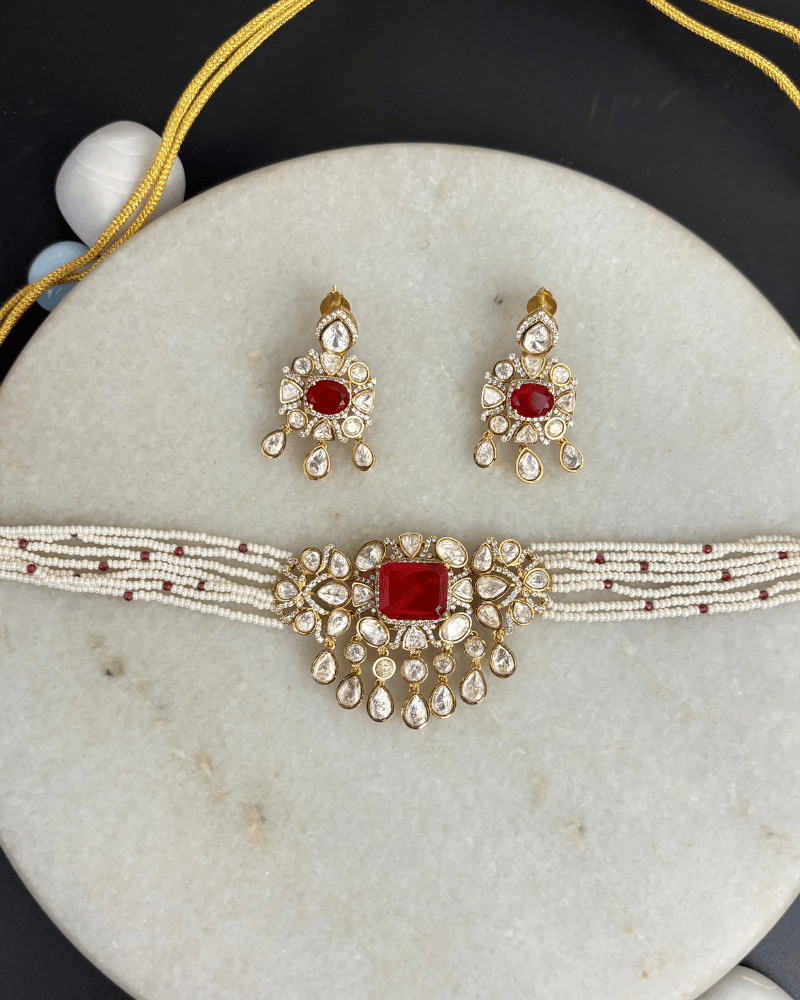 Niharika Ruby Moissanite Choker  | Screw Back | 18K Gold Plating
