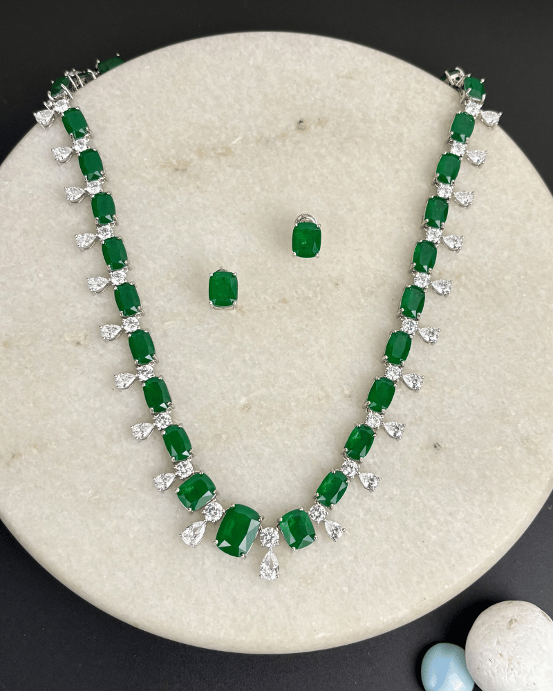 Emerald Riviera Drop Crystal Necklace | Rhodium Plating
