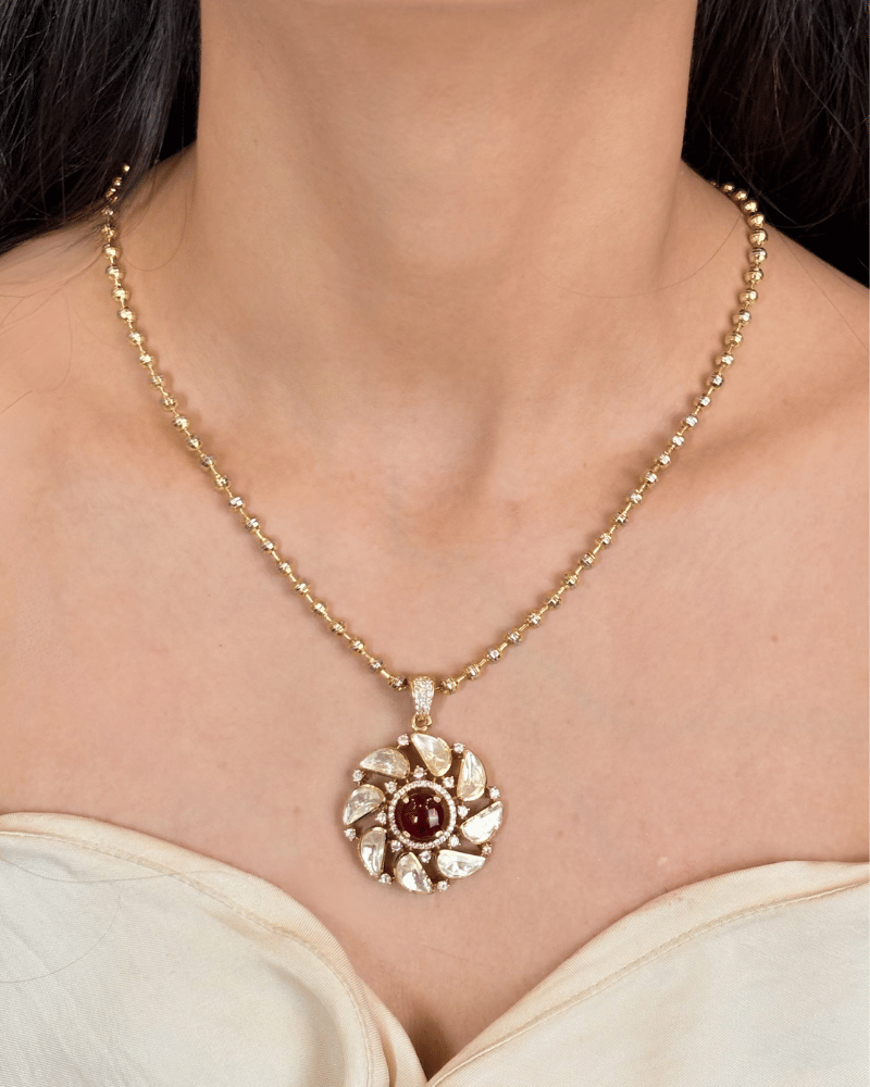 Ruby Chakra Moissanite Pendant Set | Without Chain | Screw Back | 18K Gold Plating