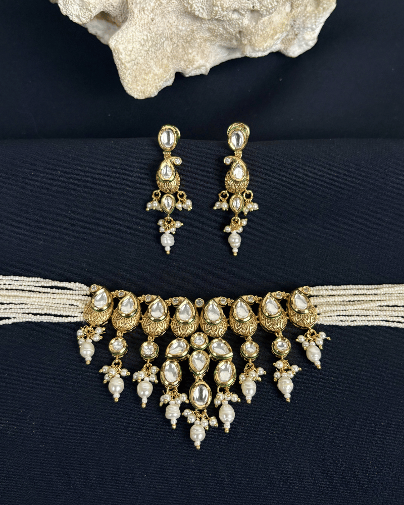 Rajvanshi Moti Drop Kundan Choker | Mint Work | White Moti Strings