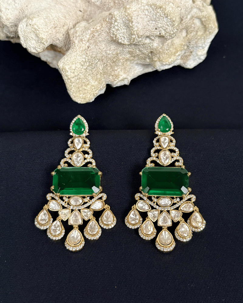Vareesha Emerald Moissanite Danglers | Screw Back | 18K Gold Plating