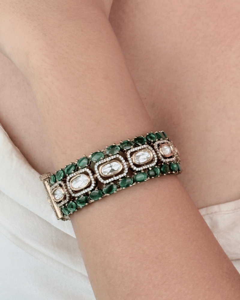 Meher Mahal Emerald Victorian Polki Bangles | Single Piece | Openable