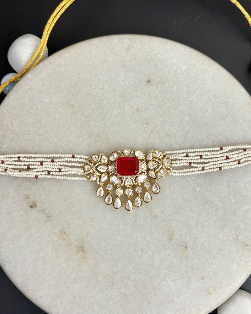 Niharika Ruby Moissanite Choker  | Screw Back | 18K Gold Plating