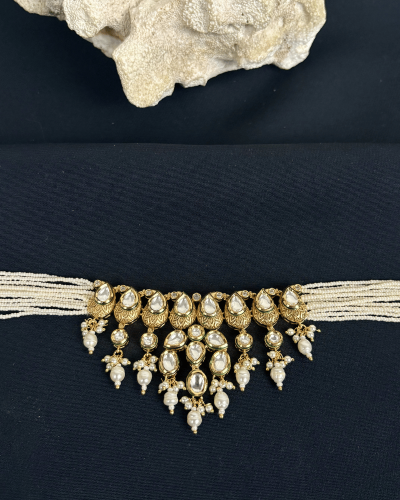 Rajvanshi Moti Drop Kundan Choker | Mint Work | White Moti Strings