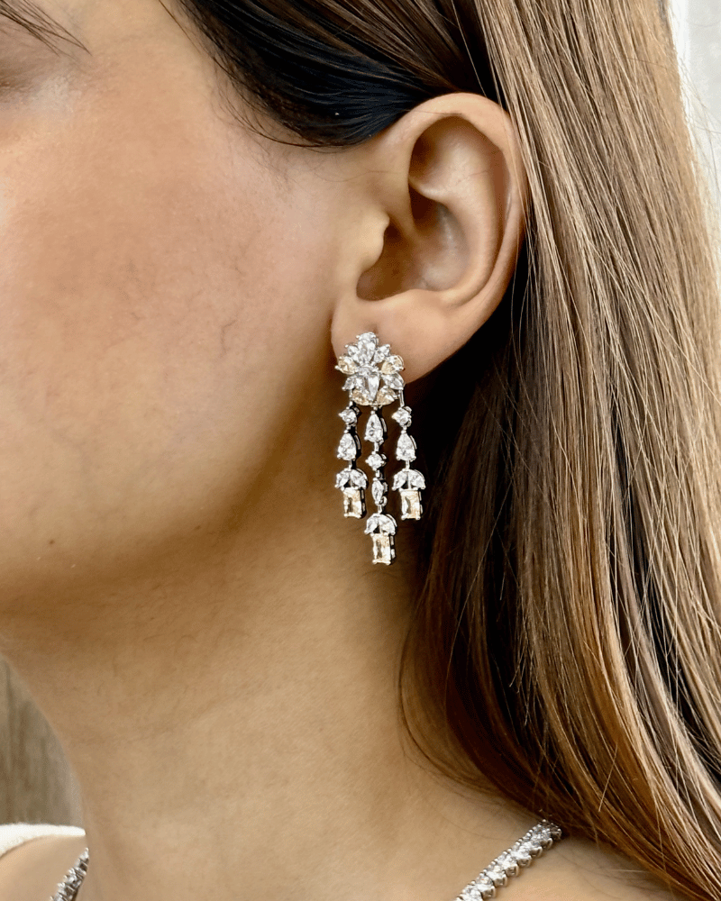 Emerald Cut Citrine Crystal Drop Haar | Rhodium Plating
