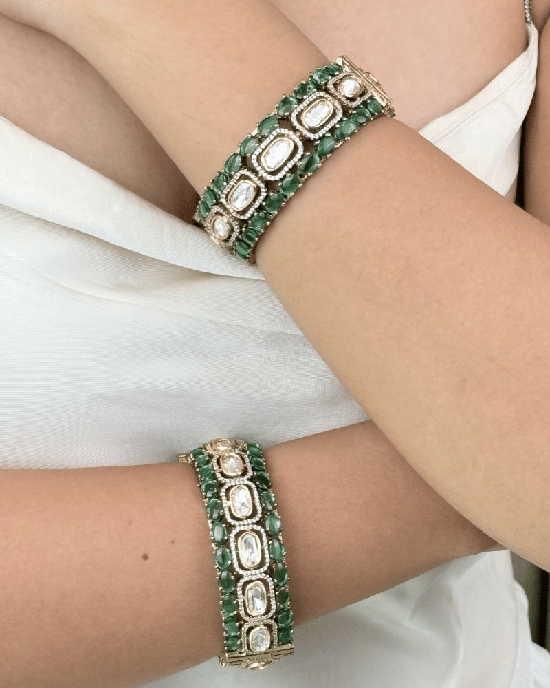 Meher Mahal Emerald Victorian Polki Bangles | Single Piece | Openable