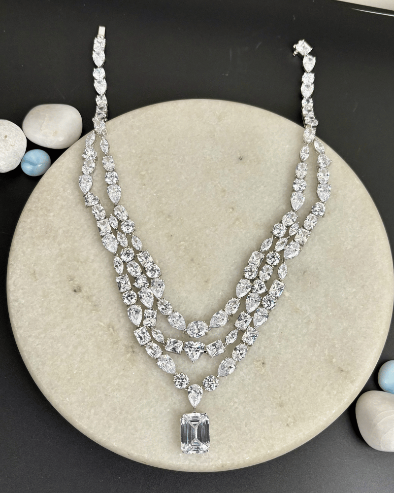 Elysia Triple Line Crystal Necklace | Rhodium Plating