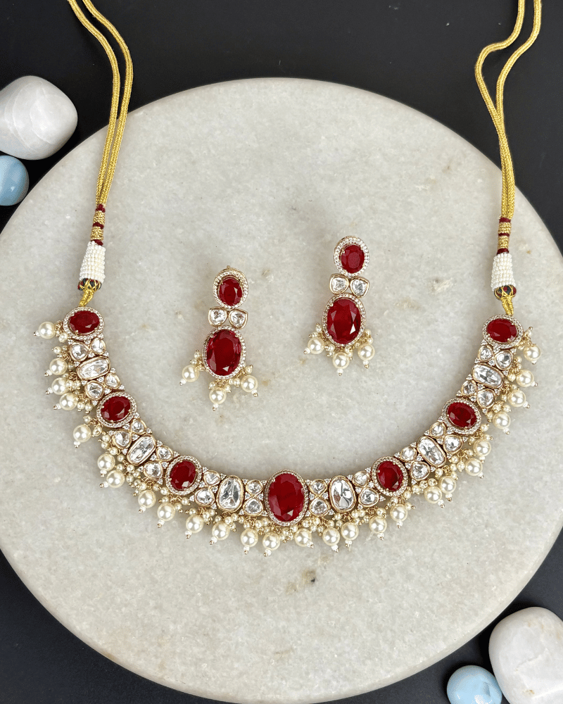Surkh Ruby Polki Necklace With Moti Drops