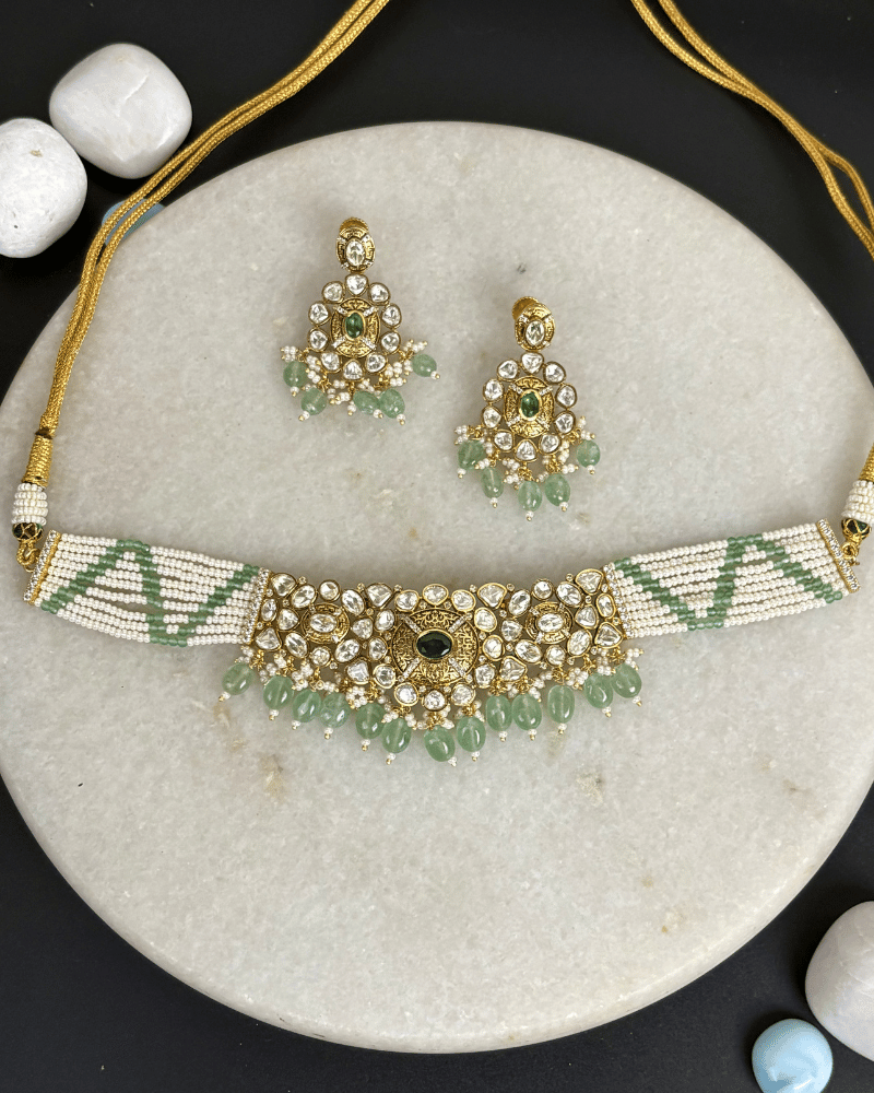 Nandita Moissanite Choker With Mint Drops | Screw Back | 18K Gold Plating