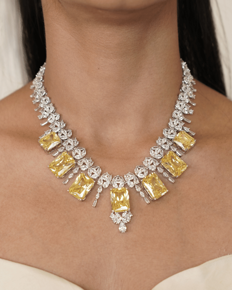 Golden Mirage Citrine Crystal Necklace | Rhodium Plating