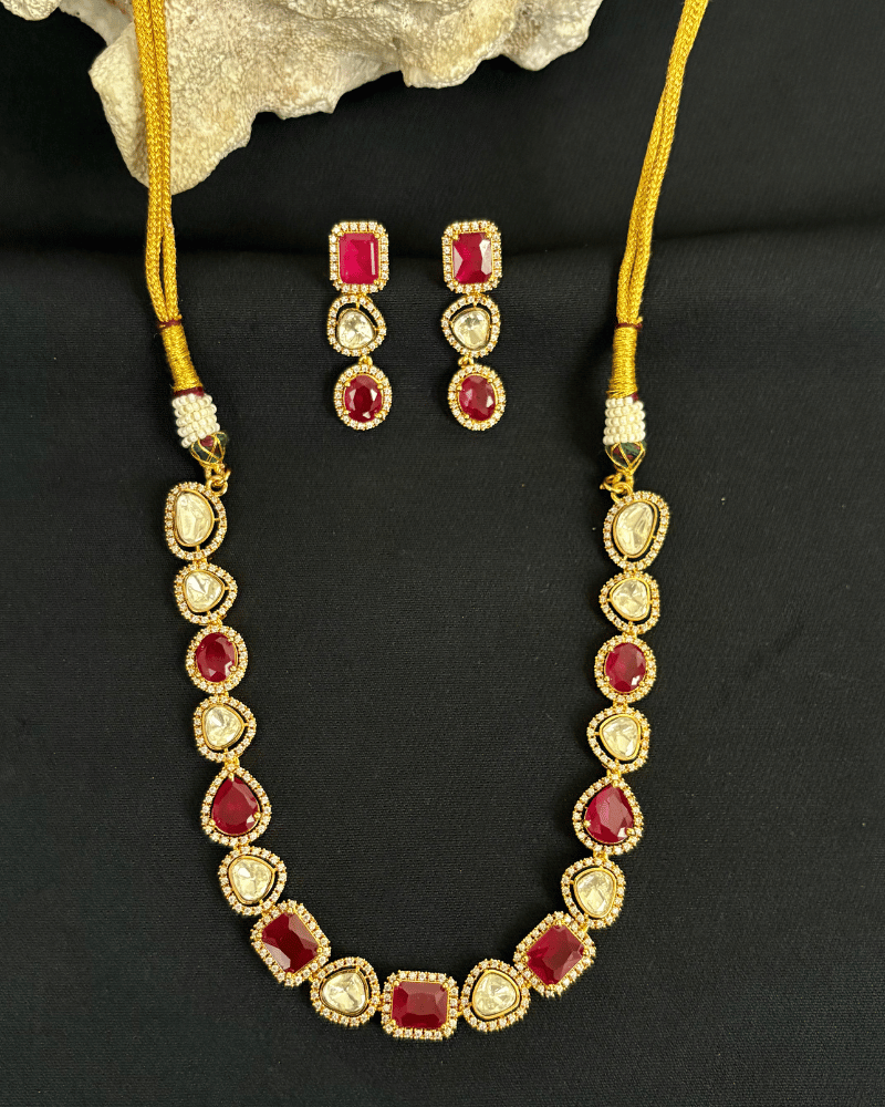 Single Line Ruby Moissanite Necklace with Diamond Border | Screw Back | 18K Gold Plating