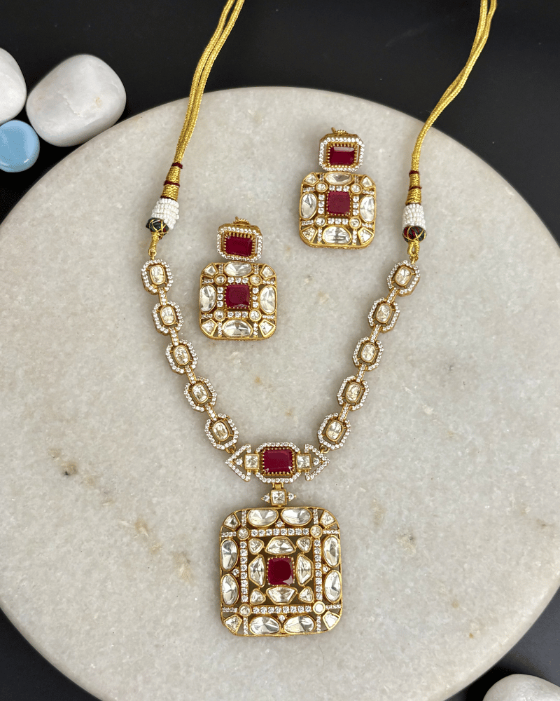 Noor Mahal Ruby Moissanite Necklace | Screw Back | 18K Gold Plating