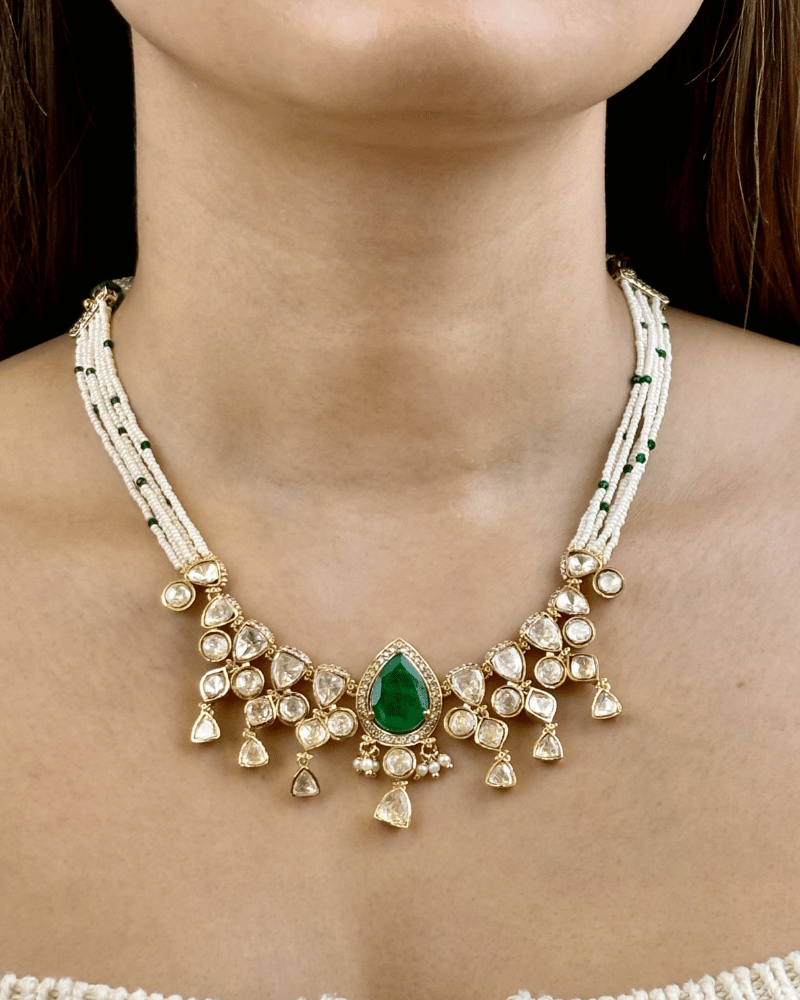 Raviya Teardrop Emerald Moissanite Necklace | Screw Back | 18K Gold Plating