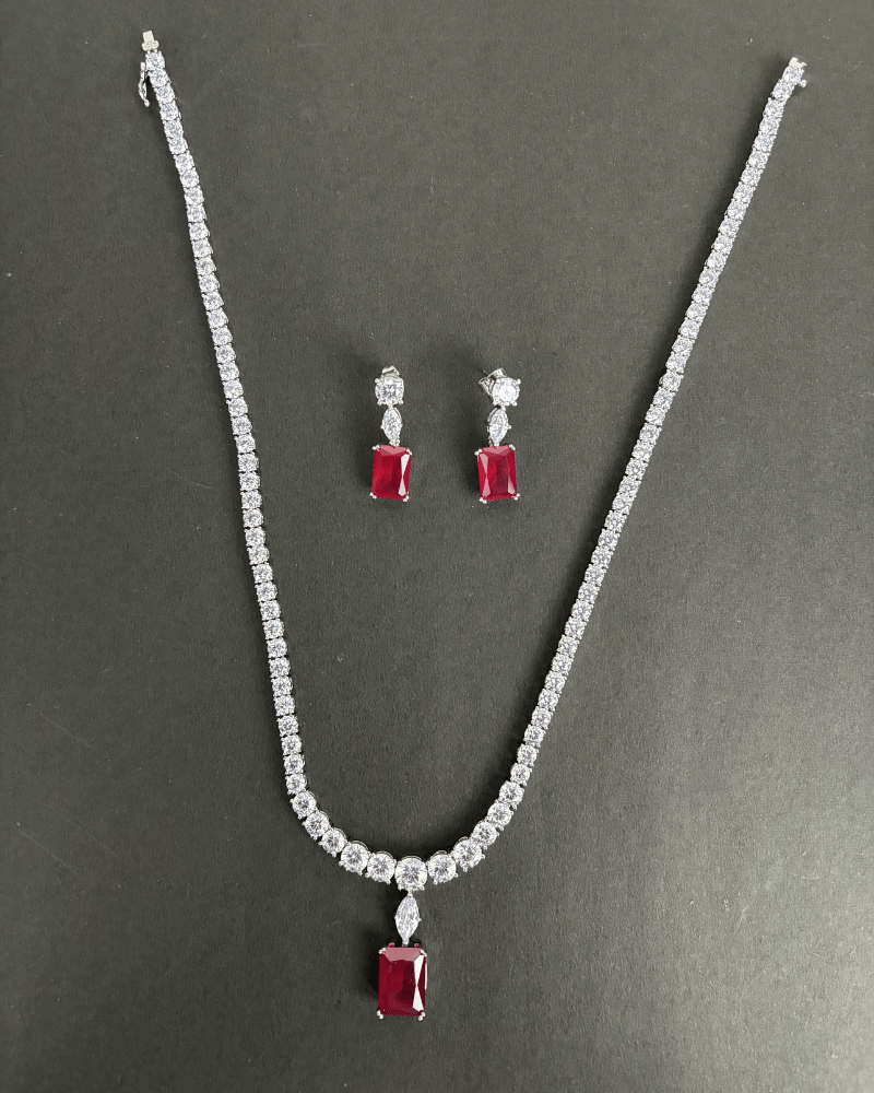 Single Line Solitaire Necklace In Ruby Drop | Rhodium Plating