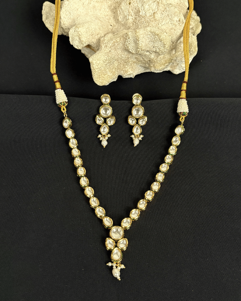Eshanya Single Line Kundan Necklace With Moti Drop