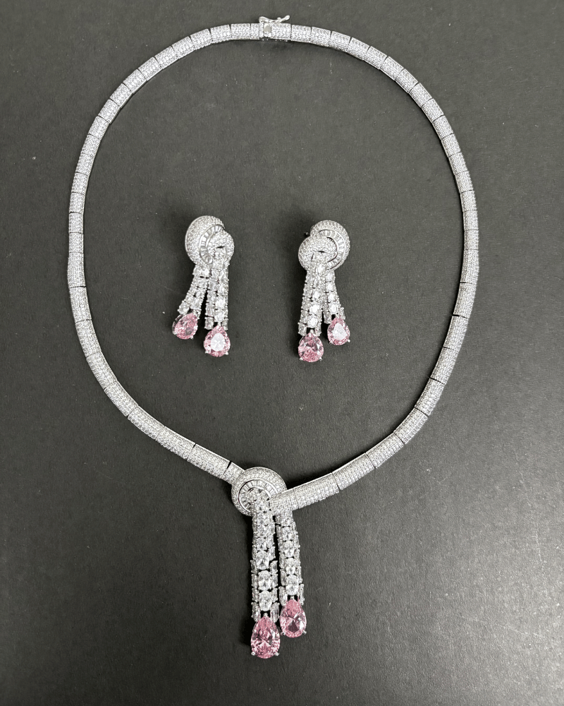 Baby Pink Crystal Duet Drop Diamond Necklace | Rhodium Plating