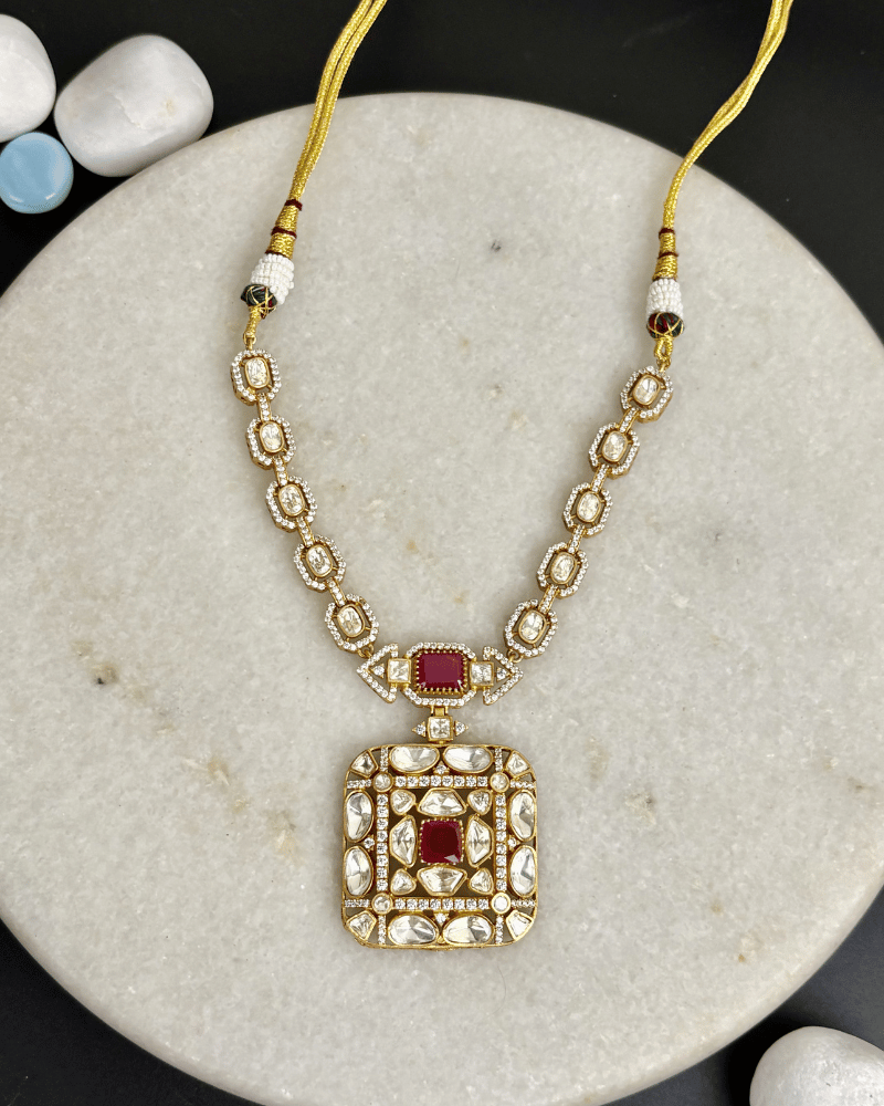 Noor Mahal Ruby Moissanite Necklace | Screw Back | 18K Gold Plating