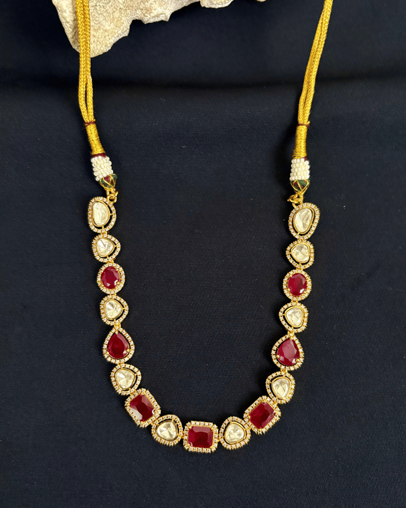 Single Line Ruby Moissanite Necklace with Diamond Border | Screw Back | 18K Gold Plating