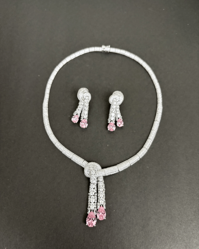 Baby Pink Crystal Duet Drop Diamond Necklace | Rhodium Plating