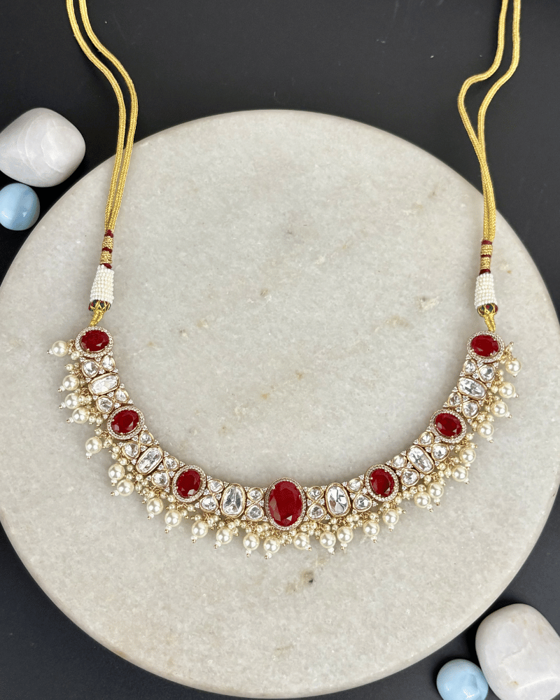 Surkh Ruby Polki Necklace With Moti Drops