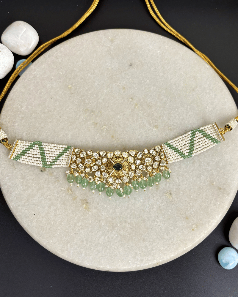 Nandita Moissanite Choker With Mint Drops | Screw Back | 18K Gold Plating