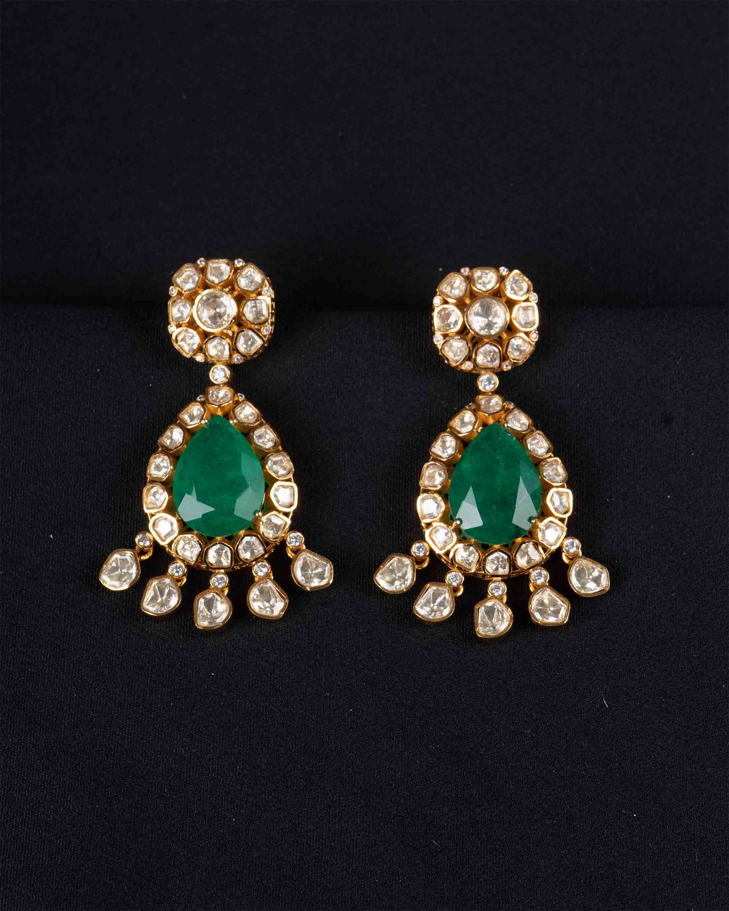 Saanjh Moissanite Earrings With Emerald Stone | Screw Back | Big Size | 18K Gold Plating