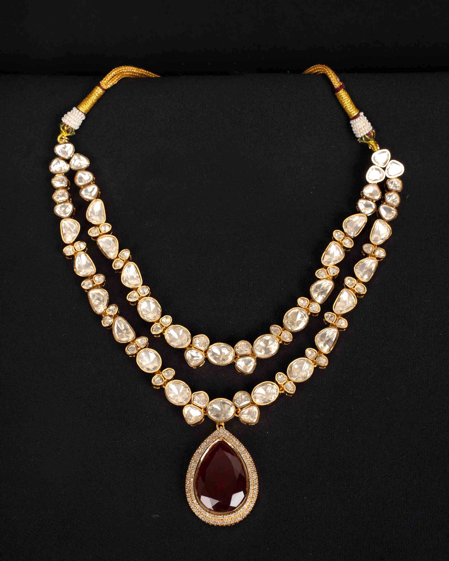 Double Line Moissanite Necklace With Ruby Drop | Screw Back | 18K Gold Plating