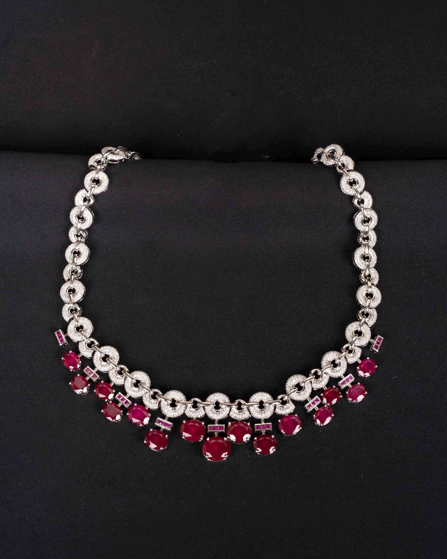 Rosaline Ruby Crystal Cascade Necklace | Rhodium Plating