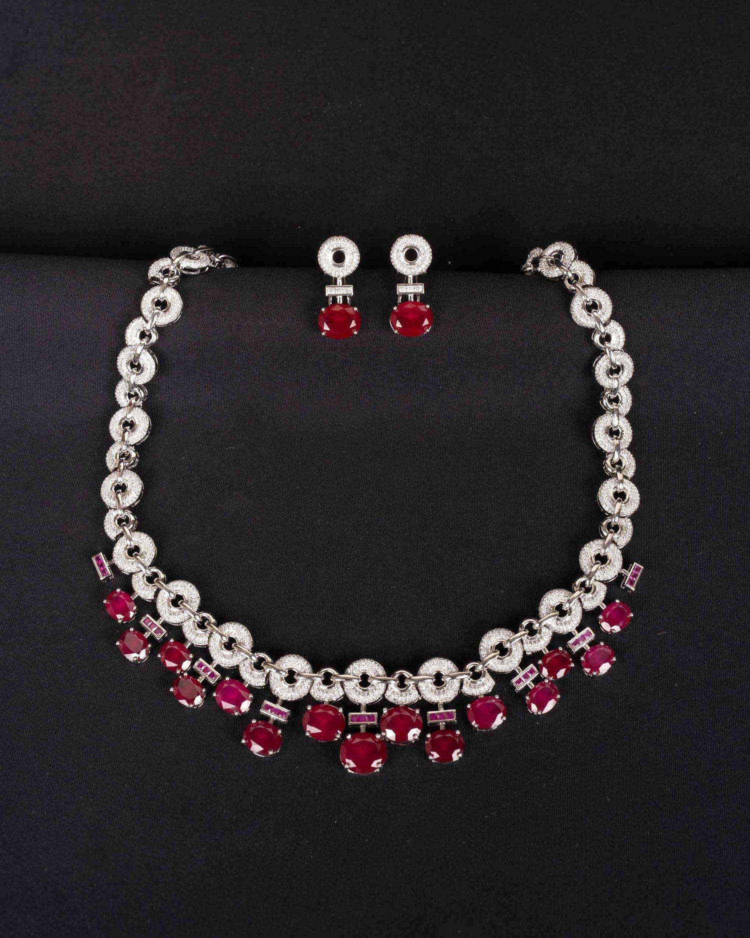 Rosaline Ruby Crystal Cascade Necklace | Rhodium Plating