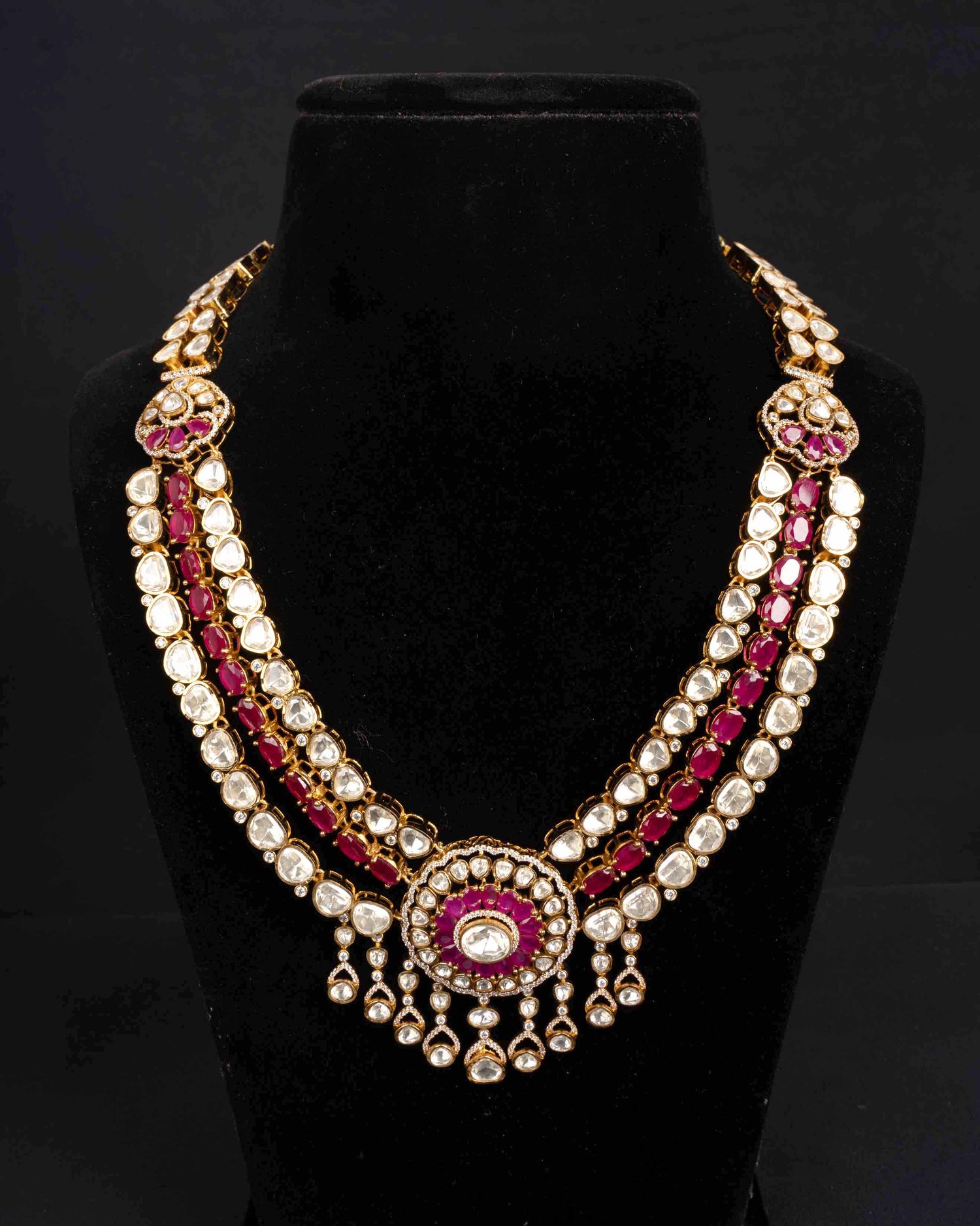 Royal Jodha Ruby Moissanite Triple Layer Haar | Screw Back | 18K Gold Plating